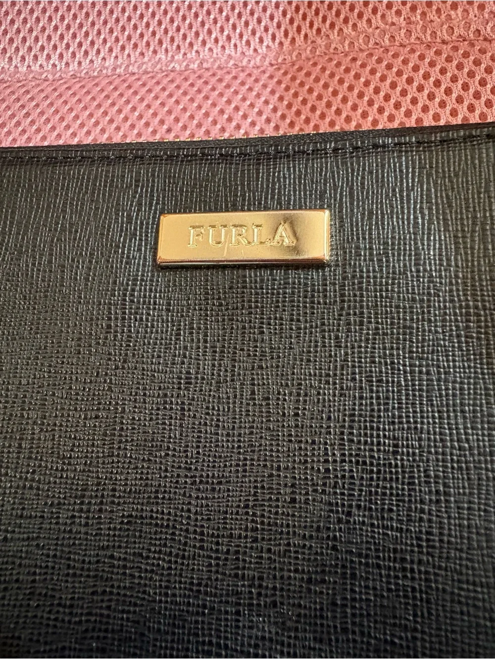 FURLA Babilon Continental Black Pebbled Zip Wallet with Gold Plaque